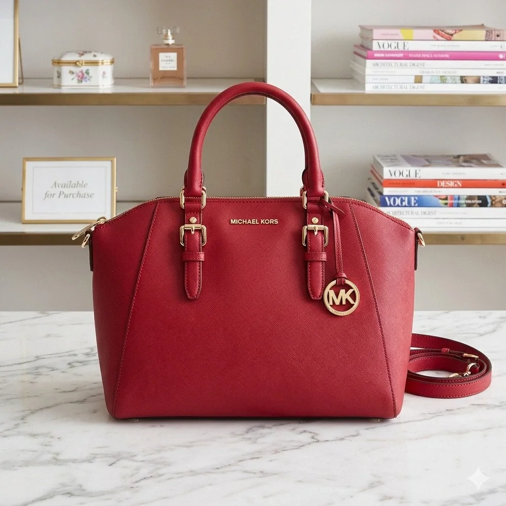 Michael Kors Ciara Large Satchel Red Saffiano Leather Crossbody Handbag GoldTone